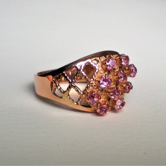 Russian USSR 14K 583 Rose Pink Gold Pink Tourmaline Cluster Basket Weave Ring - Picture 3 of 8